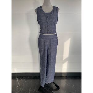 Sienna Sleeveless Button-Front Linen Blend Vest & Wide-Leg Pants Set - Gray Sz L